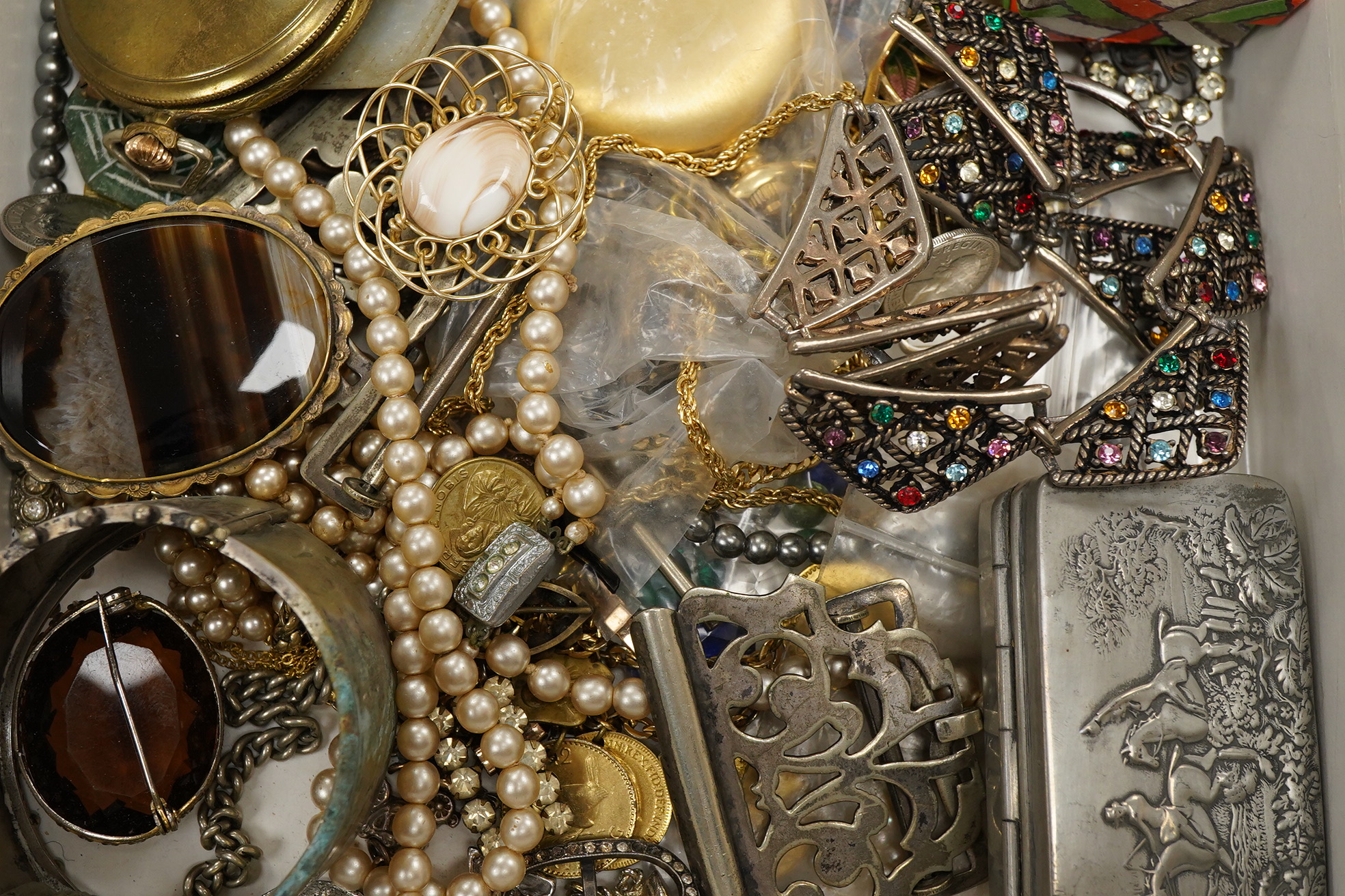 A group of assorted mainly costume jewellery, including bangles, ring, necklaces etc. together with a Cornish Pewter snuff box.